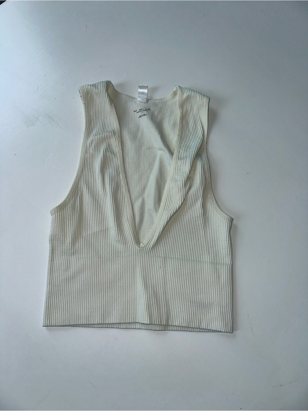 Urban Outfitters Ribbed Deep V Crop Top in Cream